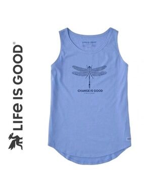 Life is Good Cornflower Blue Dragonfly Hi-Low Crusher Tank Women Size SMALL NWT